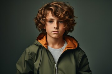 Fashion portrait of a boy with curly hair in a green jacket.