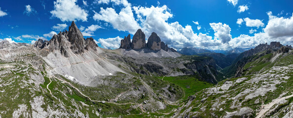 Tre Cime di Lavaredo, the most famous of Dolomites landscapes. Dolomites is a mountain range in...