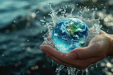 Hand hold water splash with earth
