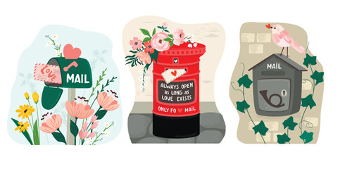 Collection of mailboxes with love envelopes.Bird,heart,brick wall, stonework, ivy,flowers and hand lettering.Floral compositions and postboxes isolated on white background.Vector cartoon illustration.