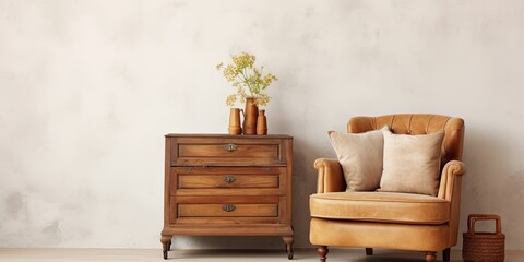 Vintage armchair, wooden chest, and couch in a cozy living room with beige wall and painted floor.