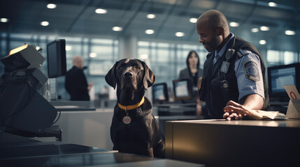 Airport security sniffer dog, with blurred immigration desks in the background - obrazy, fototapety, plakaty