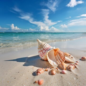 Beautiful conch shell beach image Generative AI