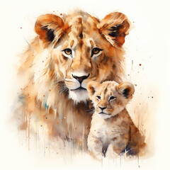 kids nursery room portraits of mother lion with baby lion , neutral color theme with white background