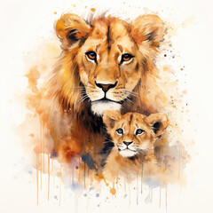 kids nursery room portraits of mother lion with baby lion , neutral color theme with white background