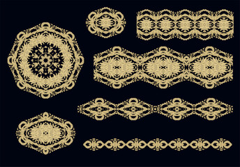 Set of golden decorative elements - ornamental rosette, mandala, ornamental vector border ribbon, openwork texture oriental style, on dark background