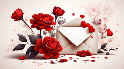 valentine's day card with roses and heart, white background, ai generated
