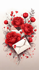 red rose and heart, love letter valentine's day, ai generated
