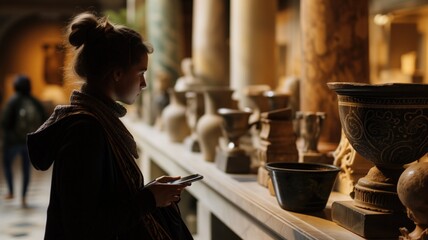 A silhouette of a woman using a smartphone in a museum gallery