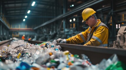 Worker sorting recyclable plastic bottles at a recycling facility - obrazy, fototapety, plakaty