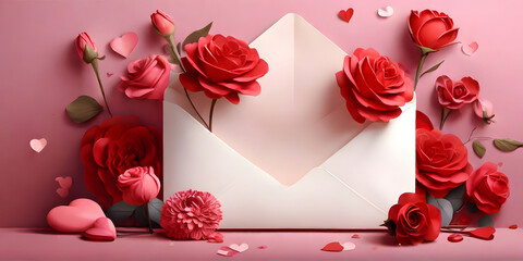 valentine card with roses and heart  love red, ai generated