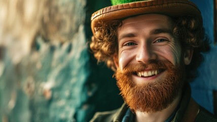 Smiling man with curly hair and leather hat - obrazy, fototapety, plakaty
