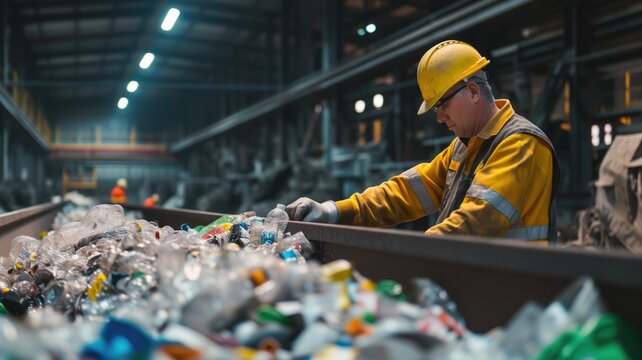 Worker sorting recyclable plastic bottles at a recycling facility