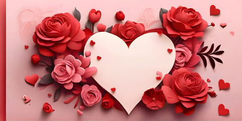 pink and red roses with heart for valentine's day, pink background, ai generated