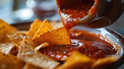 Tortilla chips being drenched in red salsa - obrazy, fototapety, plakaty