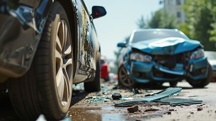 Close-up of a car collision showing a damaged blue car