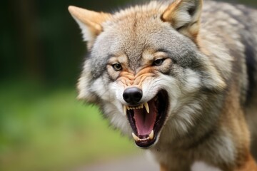 Obraz premium Fangs Unleashed, Captivating the Ferocious Majesty of a Wild Wolf With Open Jaws