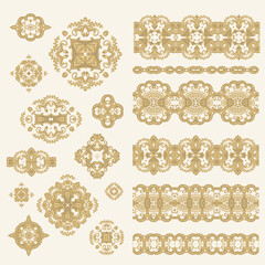 Set of golden decorative elements - ornamental rosette, mandala, ornamental vector border ribbon, openwork texture oriental style, on white background