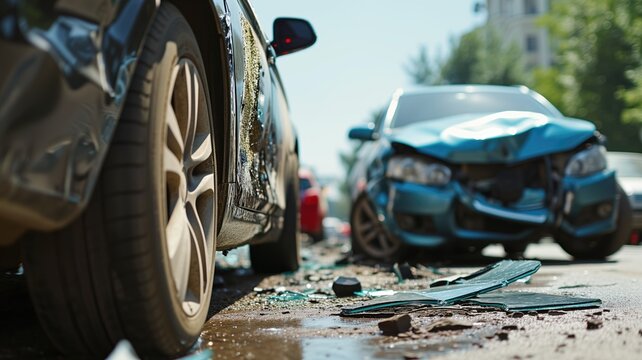 Close-up of a car collision showing a damaged blue car