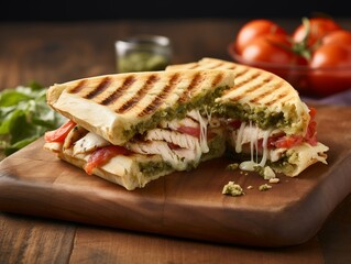 Tasty sandwiches with pesto sauce on wooden board, closeup
