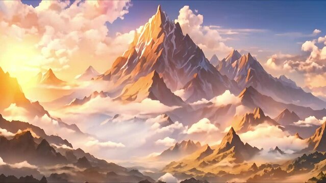 Sunrise in the high mountains filled with flying clouds digital art anime style background wallpaper