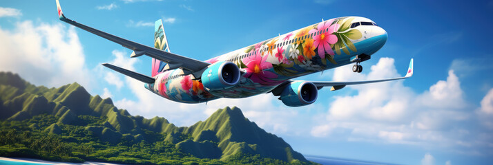 an airplane decorated with flowers flies across the sky, summer travel, flight to Hawaii, air transport, tourism, nature, beauty, vacation, tropics, height, speed, garland