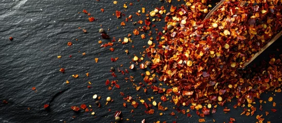 Keuken spatwand met foto Dry chili pepper flakes, crushed red peppers on black table. © AkuAku