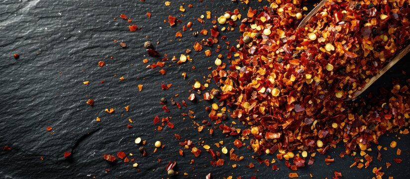 Dry chili pepper flakes, crushed red peppers on black table.