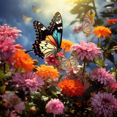 Beautiful flowers garden flying butterfly image Generative AI