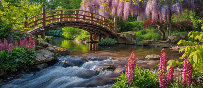 Pink Bistort flowers near a stream, with wisteria-covered bridge at RHS Wisley, Surrey, UK.
