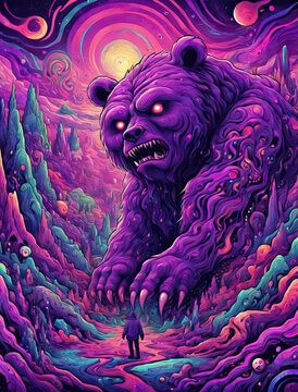 Psychedelic Trip - Close-up of Monster, Bear, and Demon in Vivid Dreamlike Landscapes with Abstract Geometric Patterns Gen AI