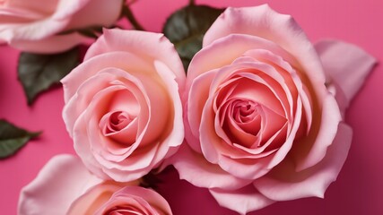 Mother's Day or valentine romantic concept. Top view photo giftbox with ribbon bouquet of roses on pink background with copy space.Ai generative