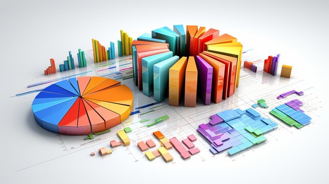 Colorful business statistics charts and reports on white background for data analysis concept