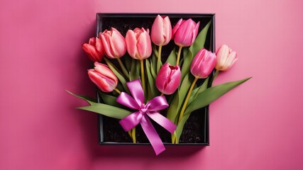 Mother's Day or valentine romantic concept. Top view photo giftbox with ribbon bouquet of tulips on pink background with copy space Ai generative