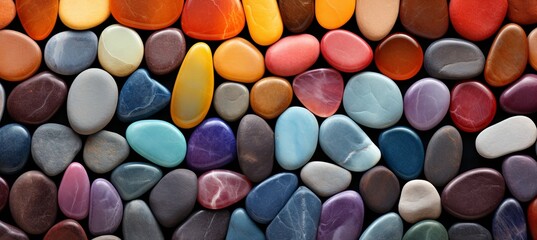 Fototapeta na wymiar Vibrant spectrum of colorful small stones or pebbles creating an abstract background display