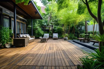 Fotobehang Wooden deck wood backyard outdoor patio garden landscaping © Roman
