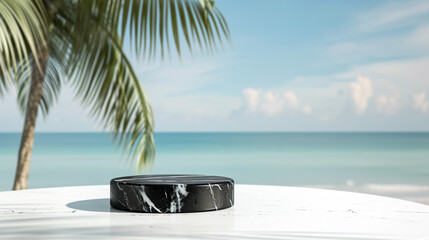 Marble podium background with palm tree and blue sea view. Suitable stand for sunscreen and summer products