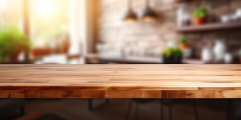 Wooden table top can be utilized for showcasing or assembling products in a blurred kitchen setting.