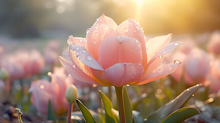 Closeup photo of a tulip flower bloom with water drops ai generative