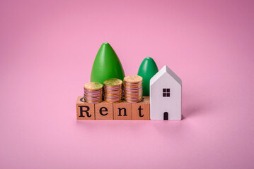 Small wooden house and the inscription for rent. Concept for sale, rental of real estate for a family