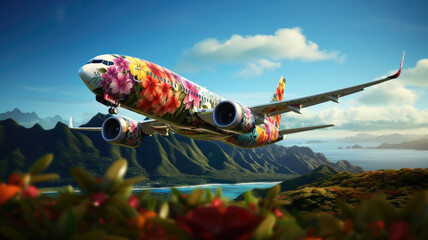 Obraz premium an airplane decorated with flowers flies across the sky, summer travel, flight to Hawaii, air transport, tourism, nature, beauty, vacation, tropics, height, speed, garland