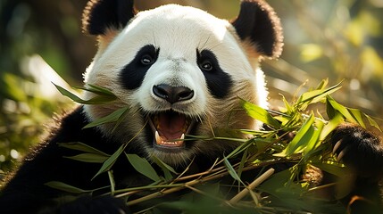 Adorable panda bear happily munching on a fresh bamboo shoot in its natural habitat - obrazy, fototapety, plakaty