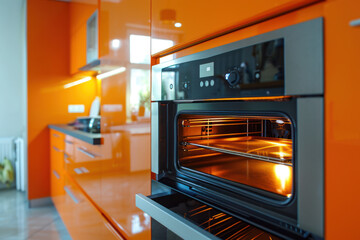 Opened built-in oven with light in the orange kitchen