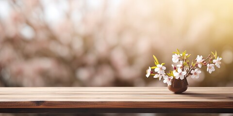 Wooden board on empty table with blurred background - perfect for displaying or overlaying products. Spring season, panoramic banner.