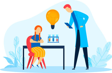 Female student and male teacher conducting experiment in lab. Girl with red hair in yellow skirt at desk, man in blue coat with tablet. Science education and chemistry class vector illustration.