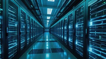 Fototapeta premium Data center with blue LED lighting and server racks
