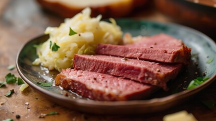 Sliced corned beef beside cabbage on a ceramic plate, close-up