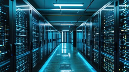 Data center aisle with blue illuminated server racks - obrazy, fototapety, plakaty
