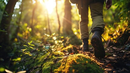Fototapeta na wymiar Hiking boots on a sunlit forest trail