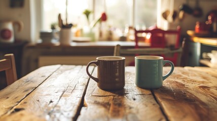 Warmly lit scene with two coffee cups on a wooden kitchen table - obrazy, fototapety, plakaty